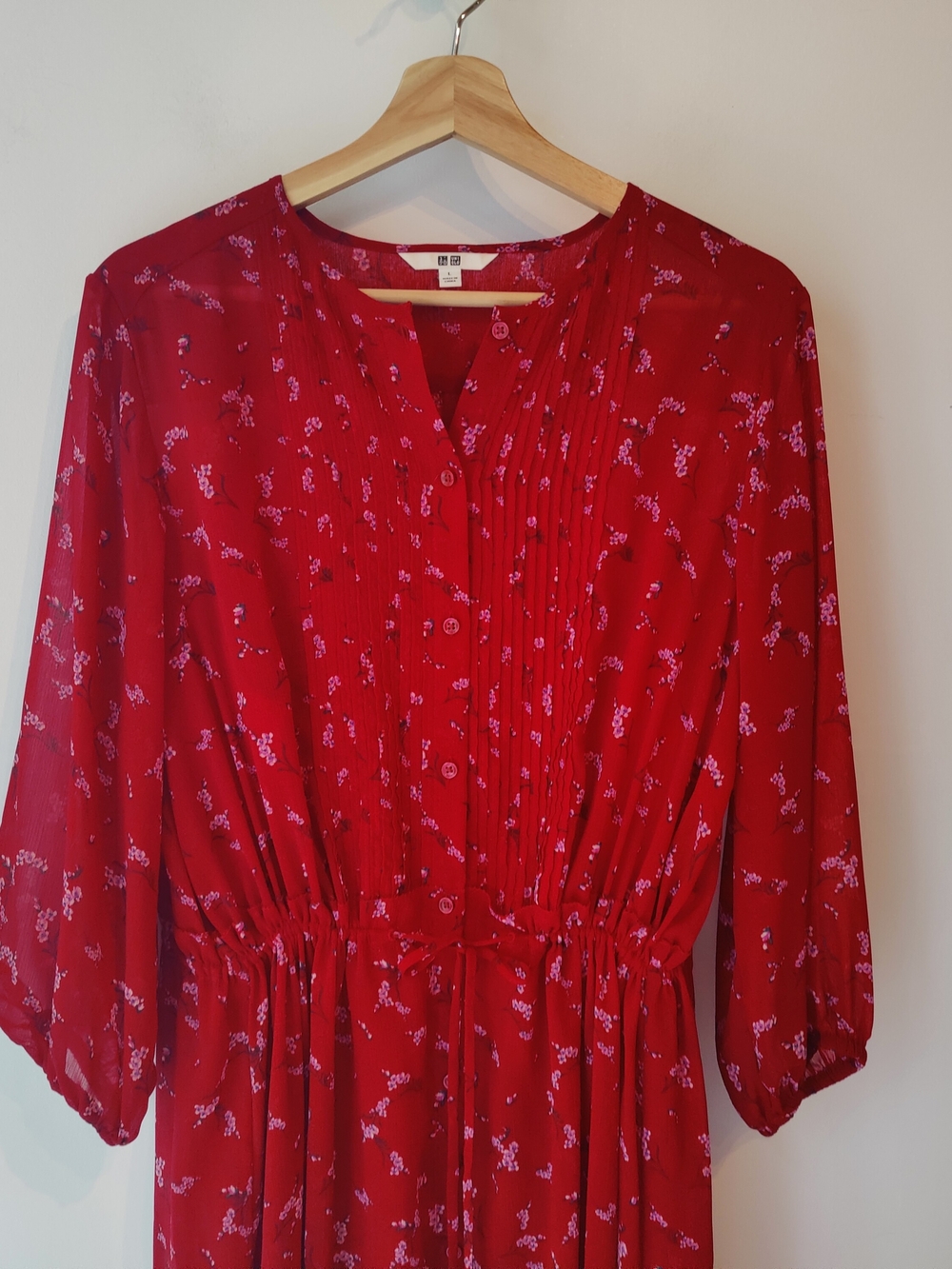 Uniqlo Boho Red Floral Semi Sheer Midi Dress L